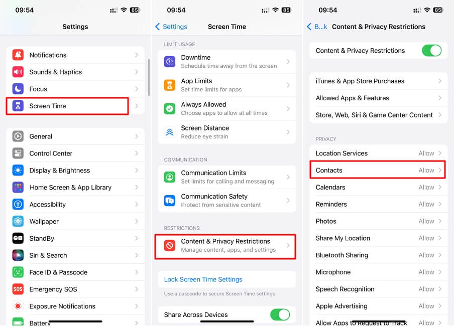 Set Allow Changes for Contacts in Screen Time Settings