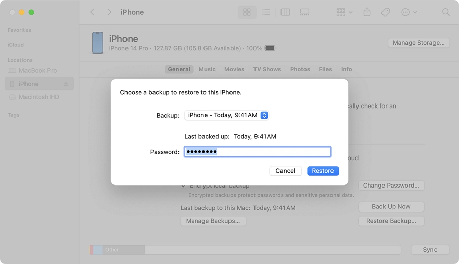 restore your data from the backup using iTunes or Finder