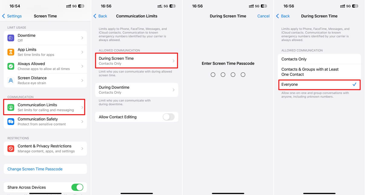 Turning off Communication Limits on iPhone