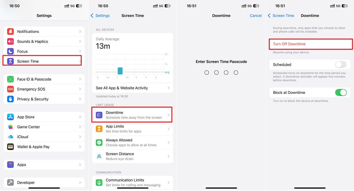 Turning off Downtime Restrictions on iPhone